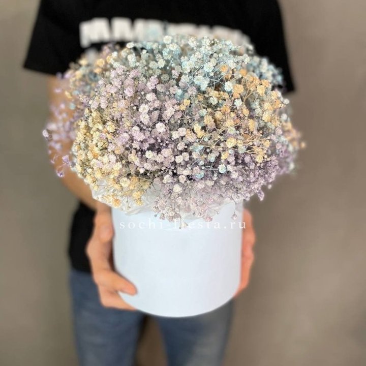 9 Радужных гипсофил в шляпной коробке в Стерлитамаке